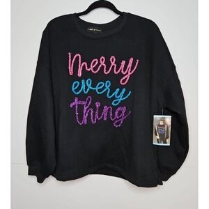 State of Mine Merry Everything Christmas Sweatshirt Black Womens Large NWT